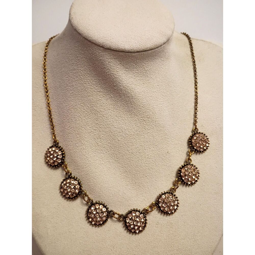 Designer Yochi NY Necklace Brass Color Chain with Sparkling Rhinestone Stations